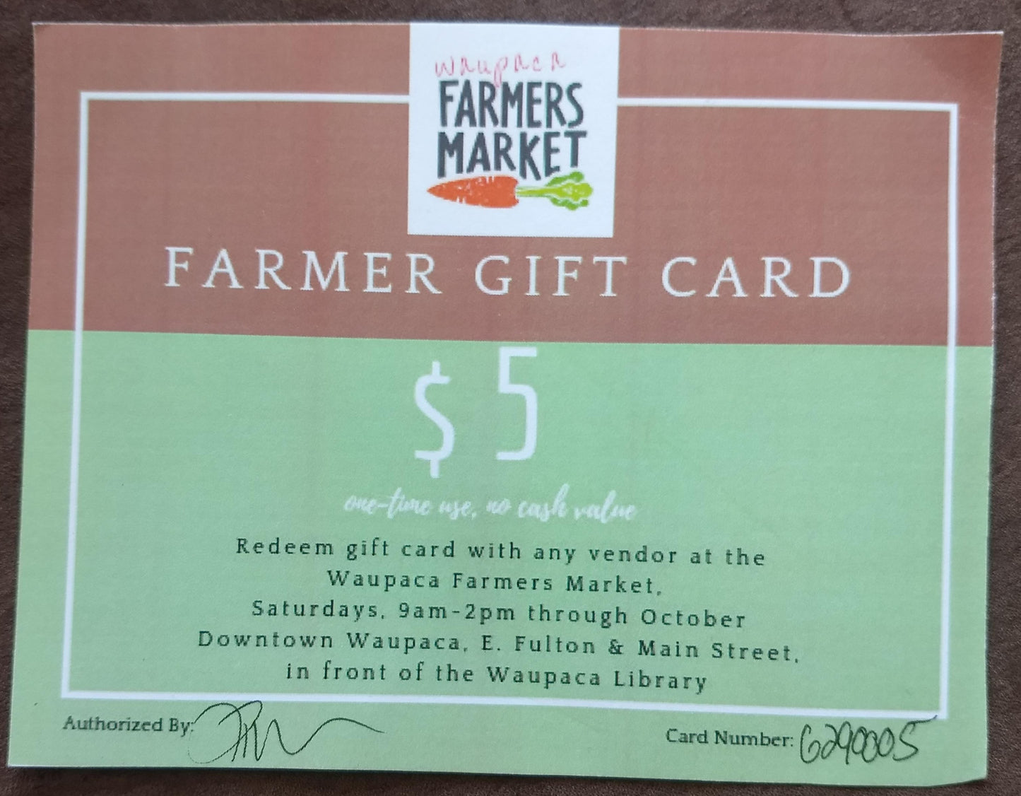 Waupaca Farmers Market Gift Card